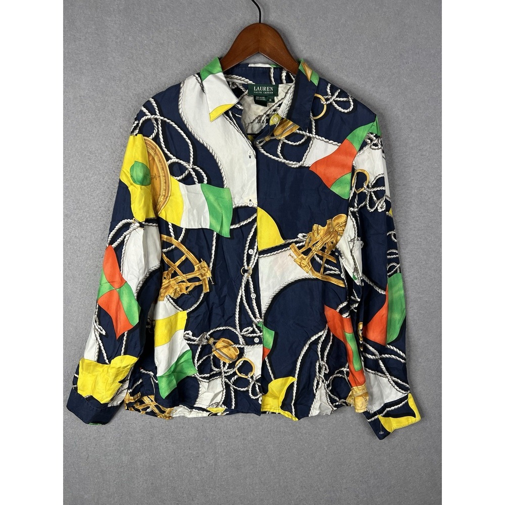 VTG Lauren Ralph Lauren 100% SILK Classic Nautical Blouse Sz 14'Sailing Yacht